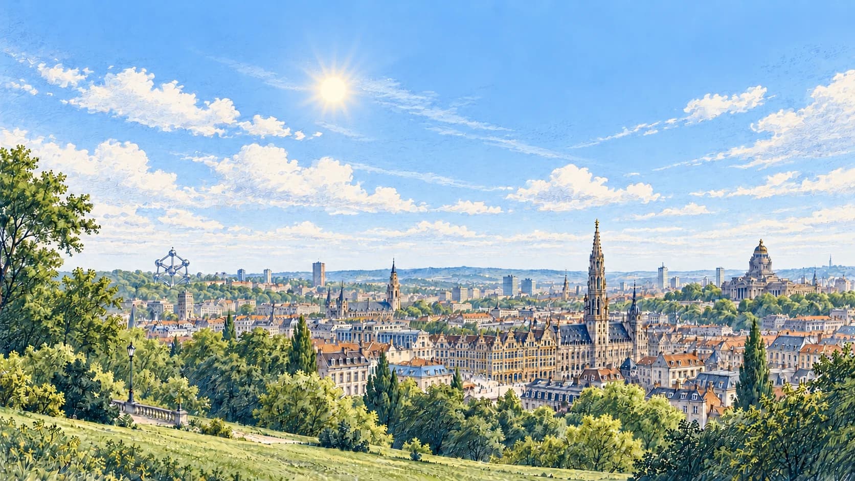 Illustration de Bruxelles (journée) : l'Atomium, l'Hôtel de Ville, la Grand-Place et le palais de Justice